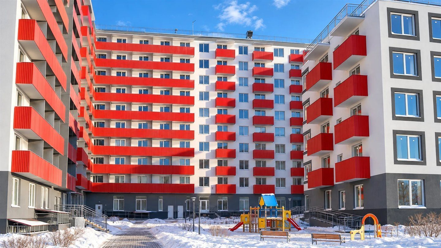 Двор ЖК «Московское 262» зимой: расчищенные дорожки и детская площадка
